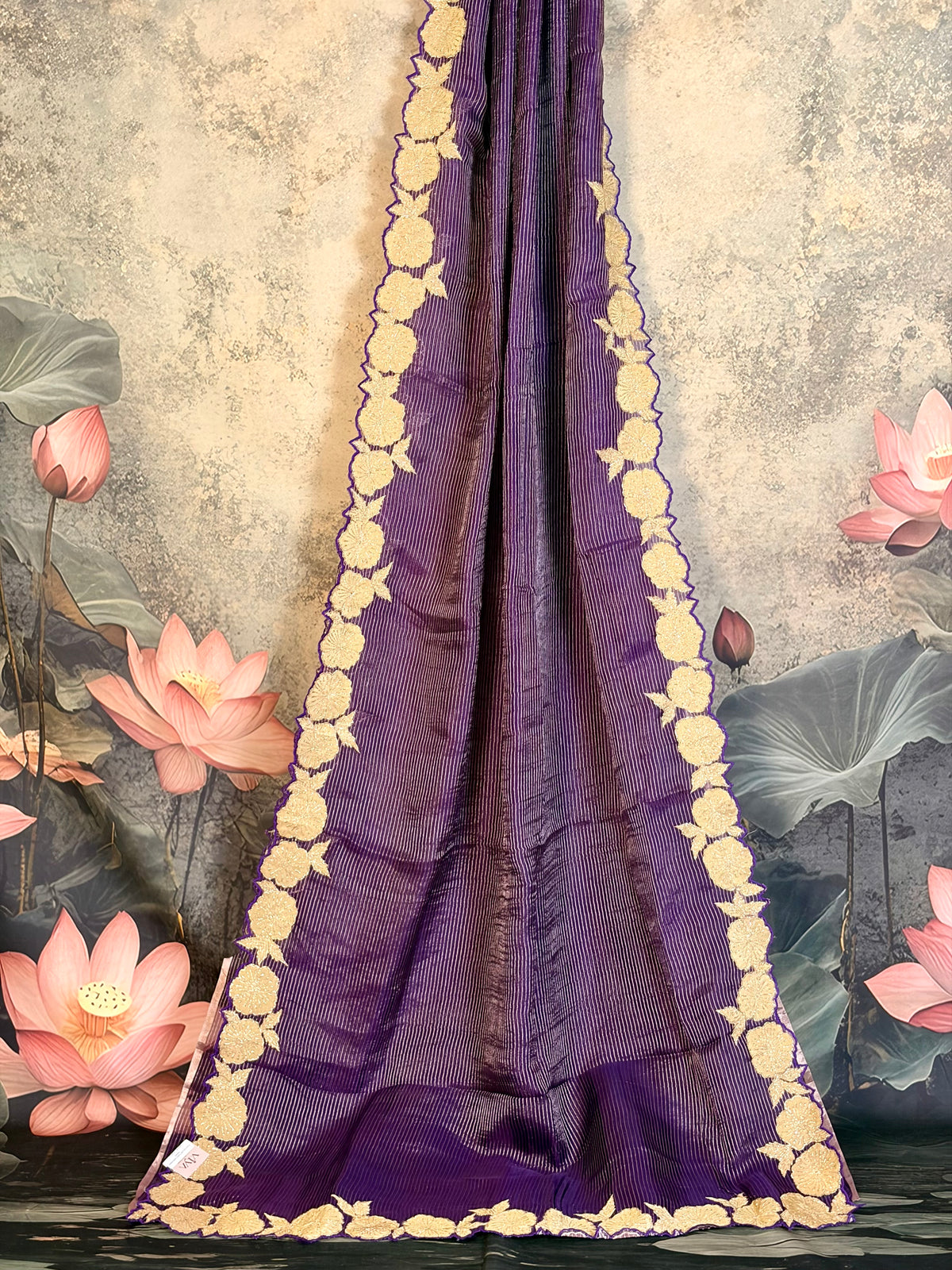 Pure Kora silk sare with Applique & stripes