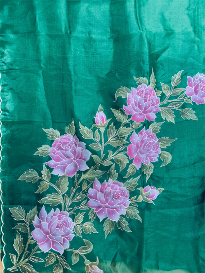 Pure Kora saree with Hand print & hand highlighting