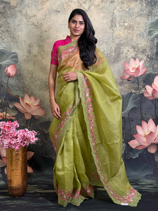 Pure kora with embroidery and all over mukesh work