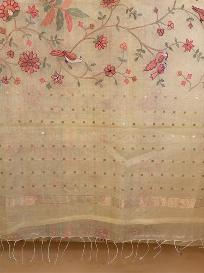 Pure muslin kora with pocket sequencing & fusion embroidery