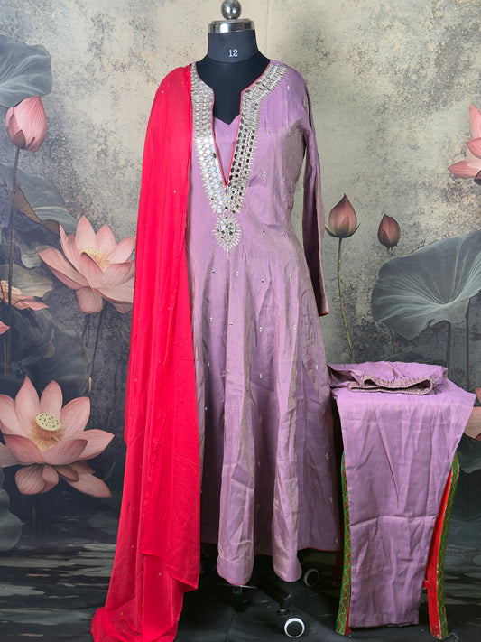 Lavender Pure Silk Handwork Anarkali Suit Set – 3 Piece