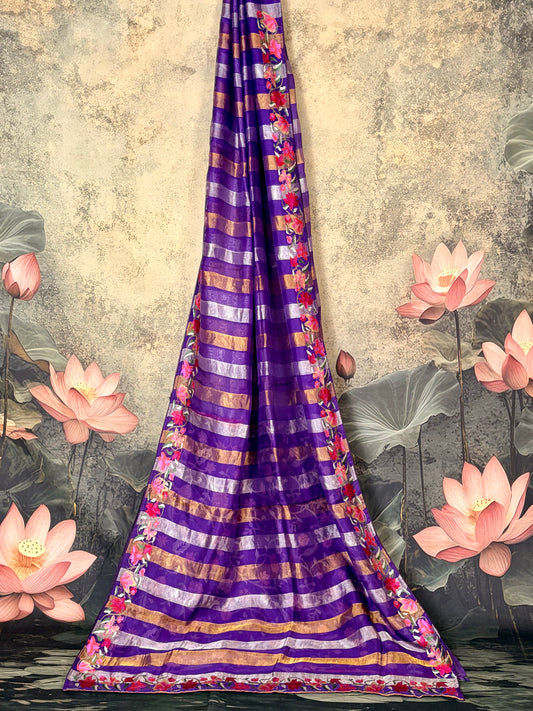 Pure tissue silk saree with Embroidery & stripes