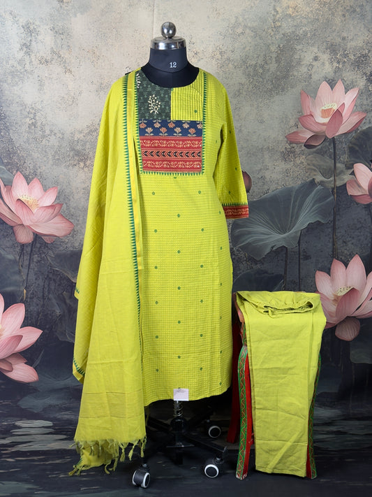 Pure Handloom Cotton Kurta Set with Hand Appliqué Work (3-Piece)