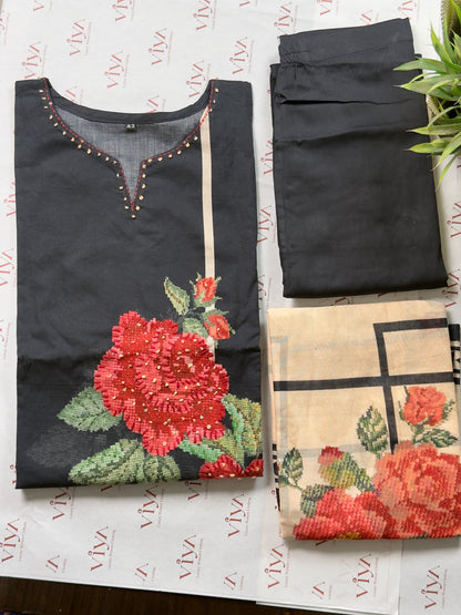 Black Pure Cotton Cross-Stitch Kurta Set – 3 Piece