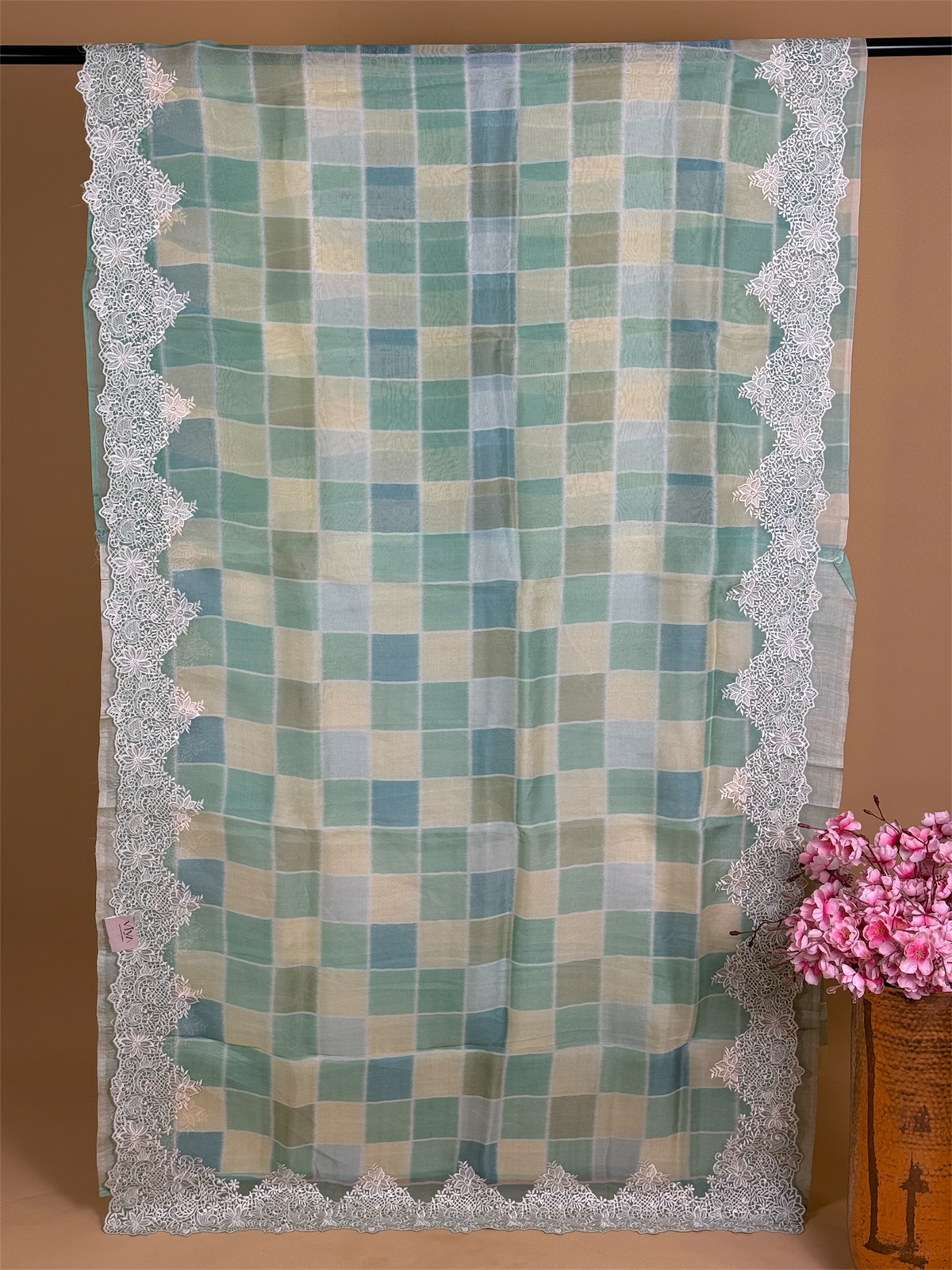 Pure Kora saree with checks pattern & embroidery