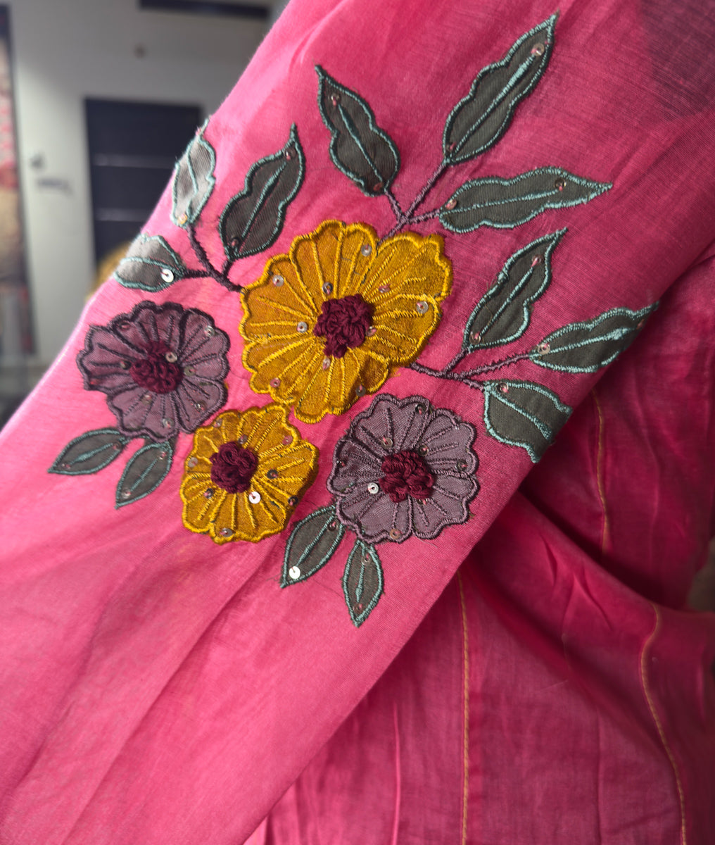 Pink MulChanderi Hand Appliqué Suit Set – 3 Piece