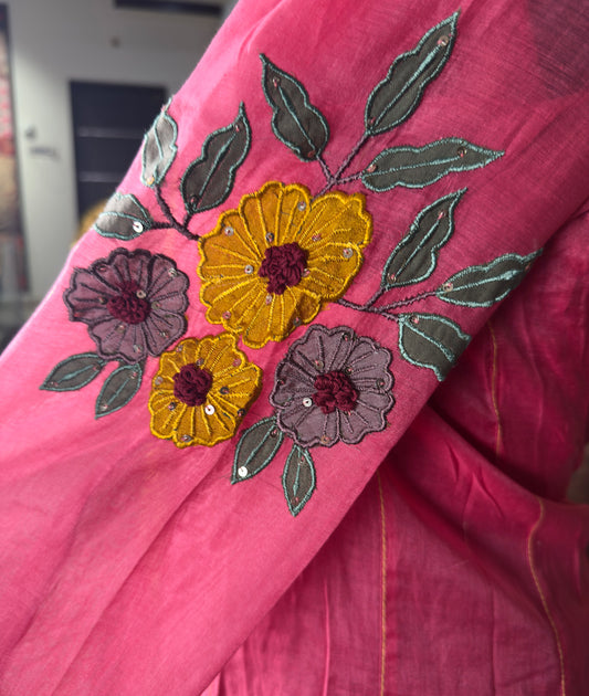Pink MulChanderi Hand Appliqué Suit Set – 3 Piece