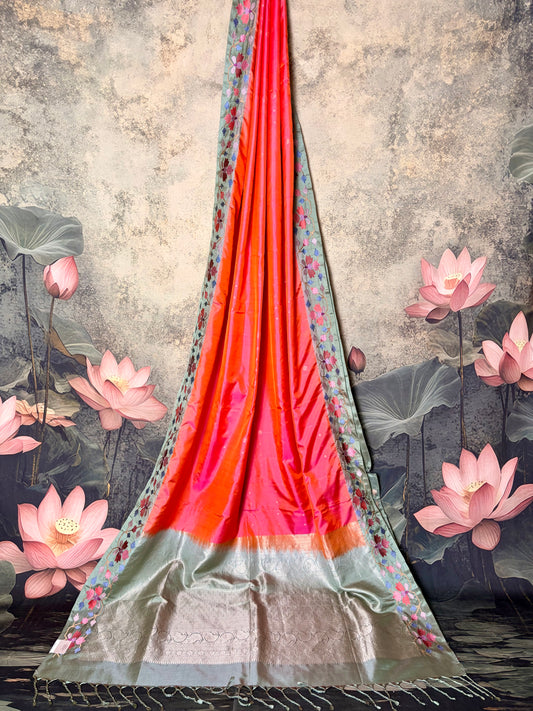 Pure Kanchipattu saree with fusion Embroidery