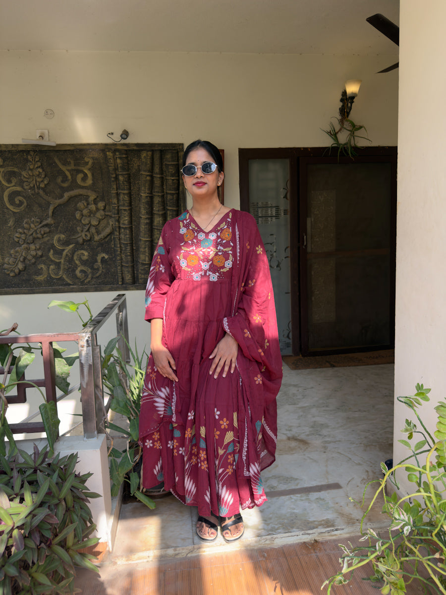 Maroon Cotton Anarkali Suit with Floral Embroidery – 3 Piece