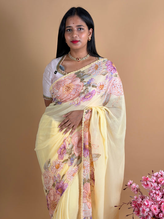 Pure chiifon saree digital print & katha knot work
