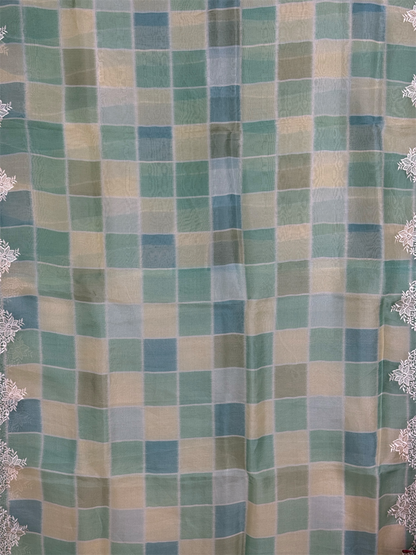Pure Kora saree with checks pattern & embroidery