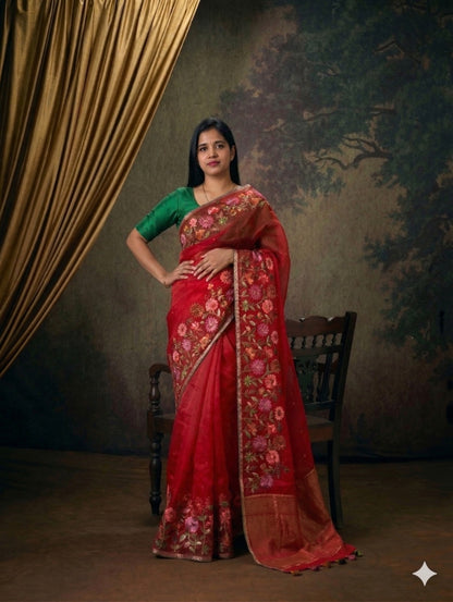 Pure Muslin Kora Saree with Embroidery &  Pocket Sequence Work