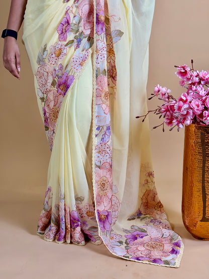 Pure chiifon saree digital print & katha knot work