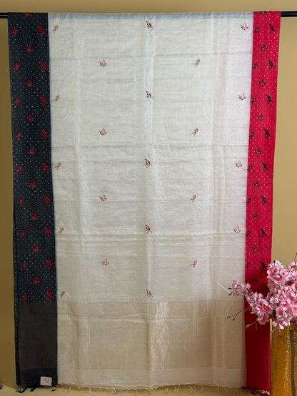 Pure tissue Kora saree with fusion embroidery
