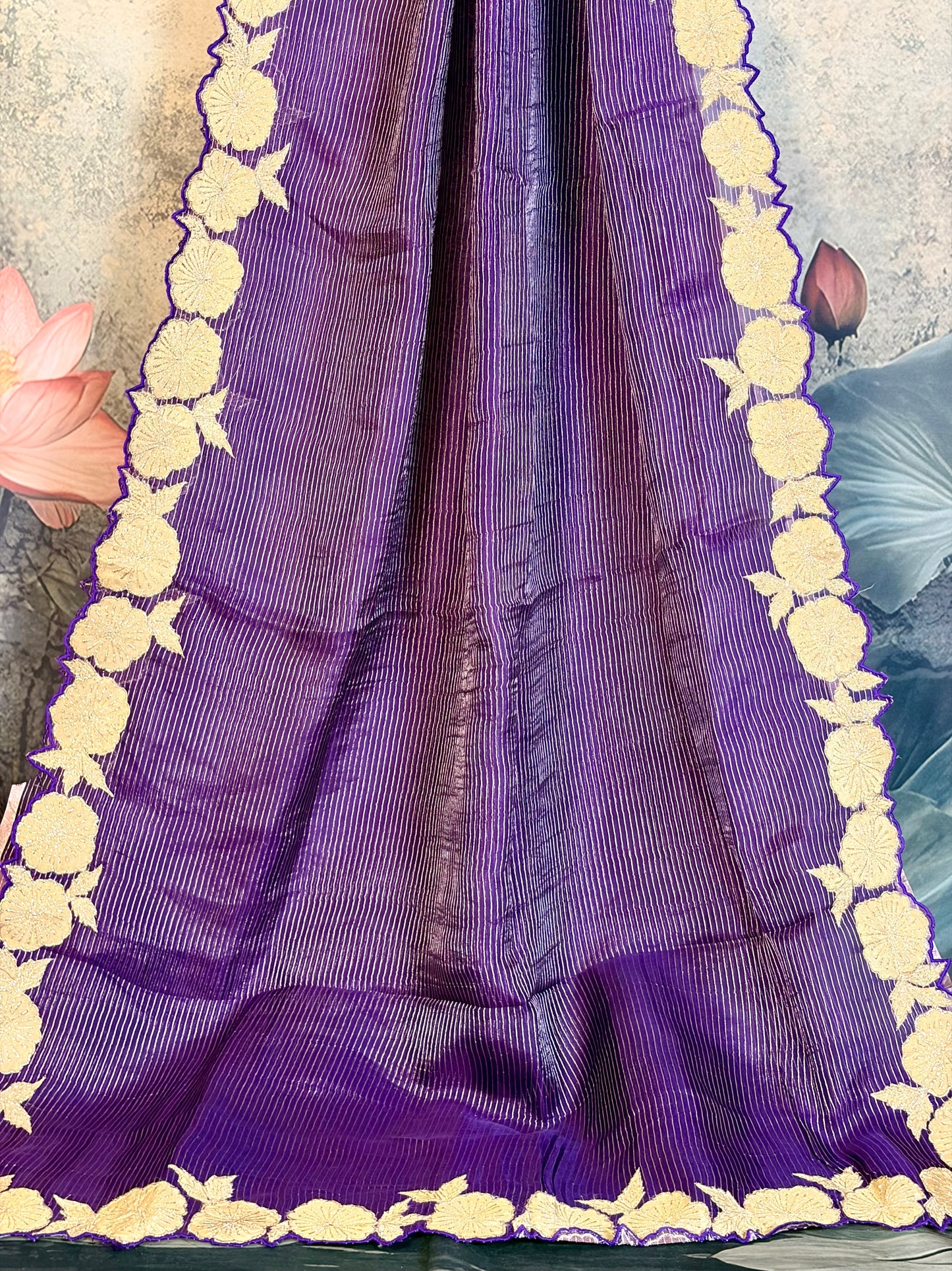 Pure Kora silk sare with Applique & stripes