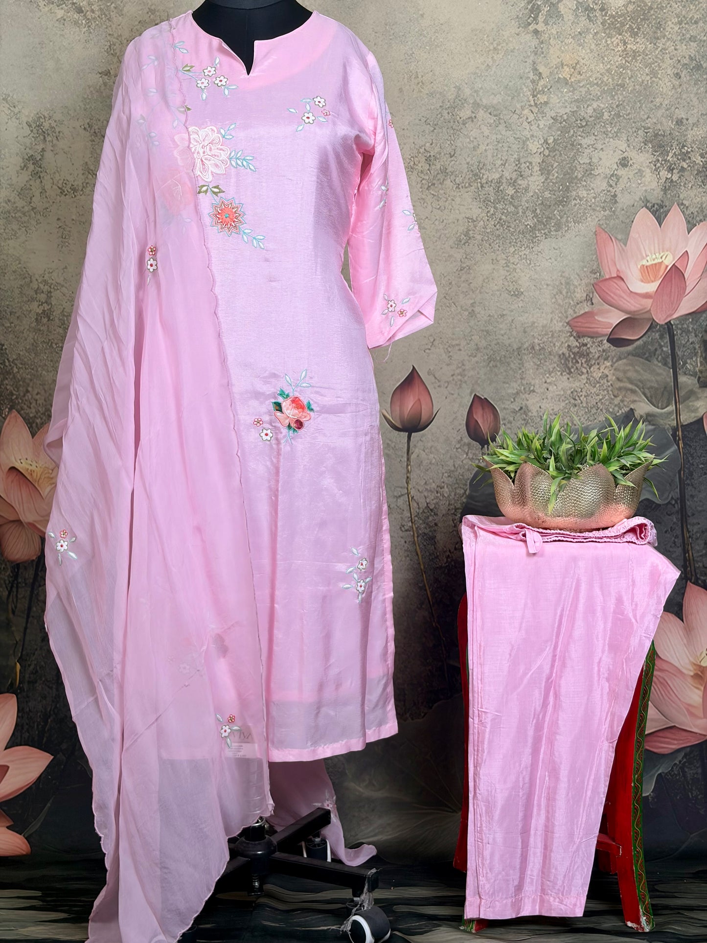 Pure Dola silk with Applique and embroidery