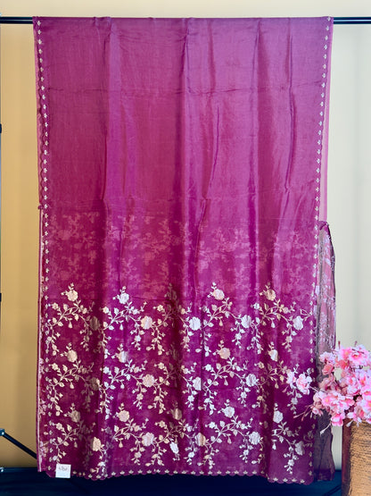 Pure Kora saree with fusion silk & Applique