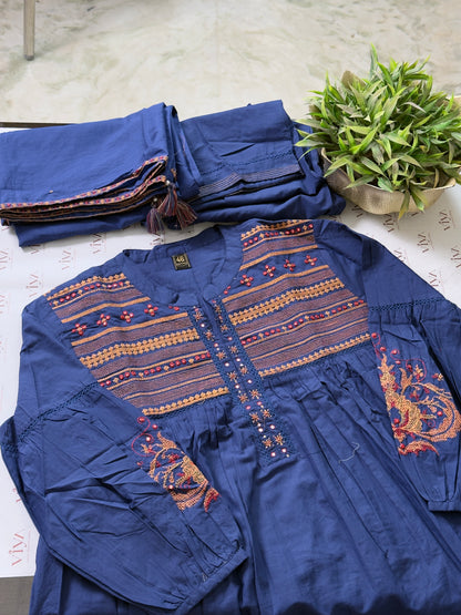 Royal Blue pure mulcotton handwork suit set 3 piece