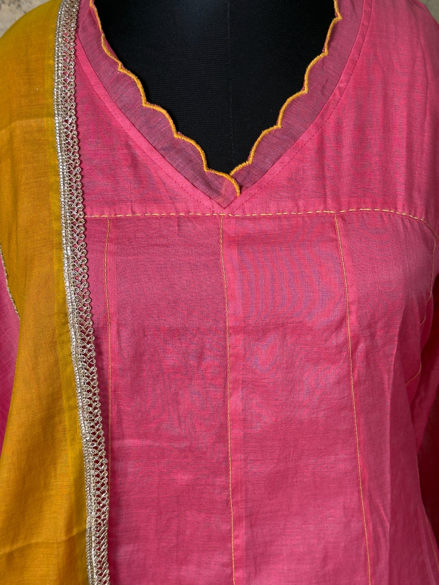 Pink MulChanderi Hand Appliqué Suit Set – 3 Piece