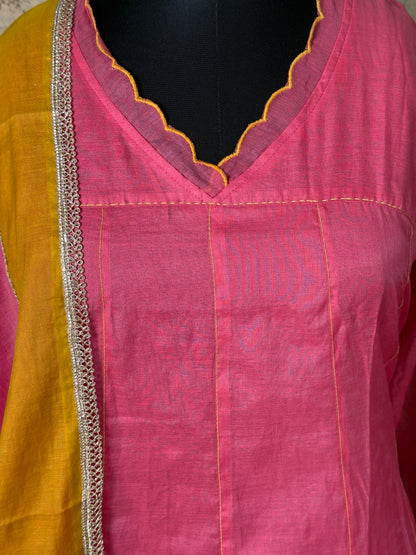Pink MulChanderi Hand Appliqué Suit Set – 3 Piece
