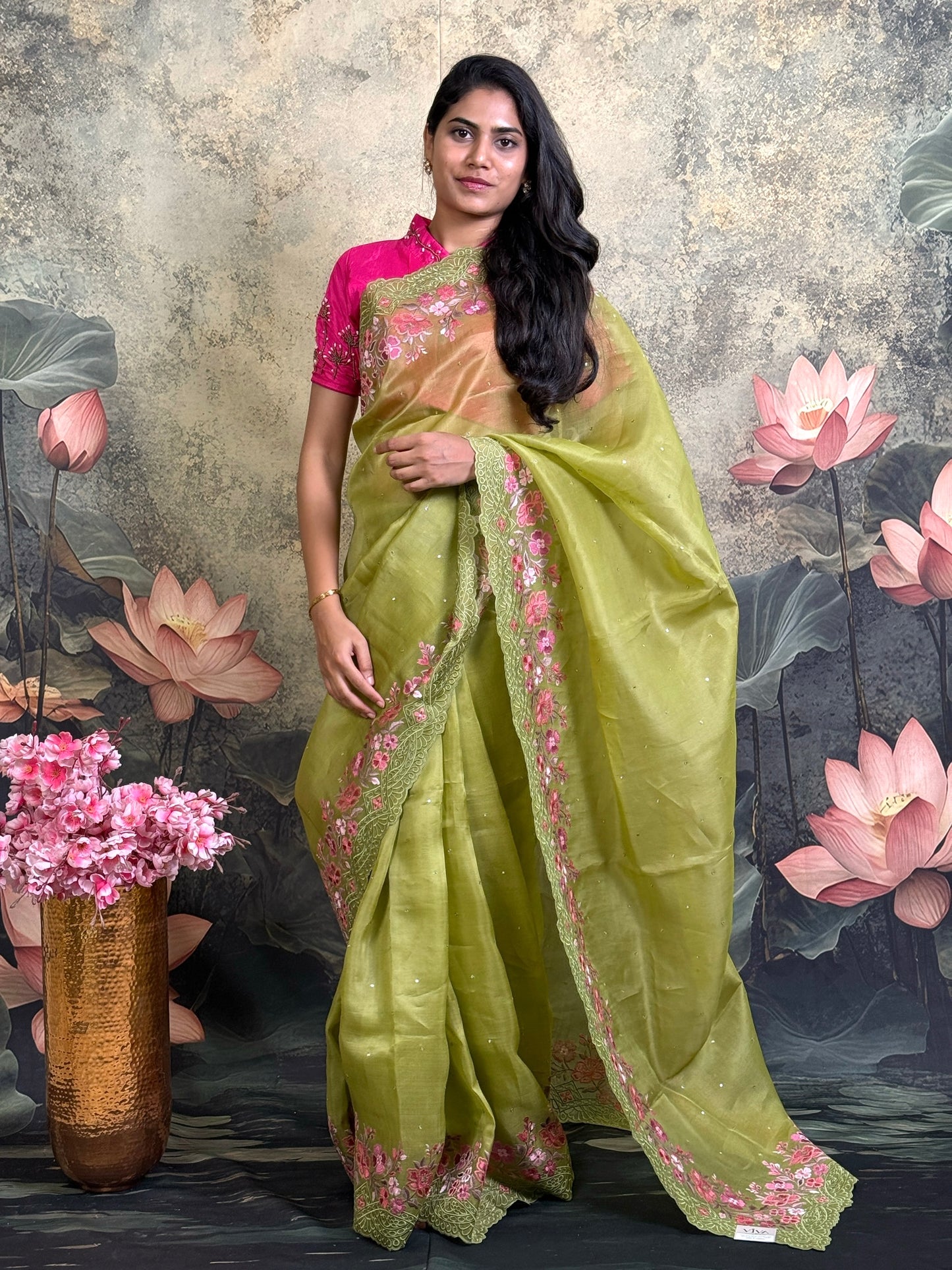 Pure kora with embroidery and all over mukesh work