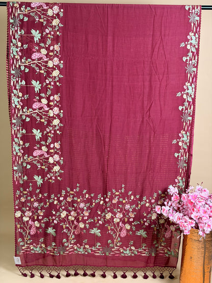 Pure mulchendari saree with fusion embroidery