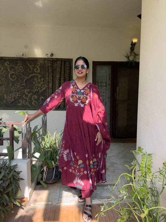 Maroon Cotton Anarkali Suit with Floral Embroidery – 3 Piece