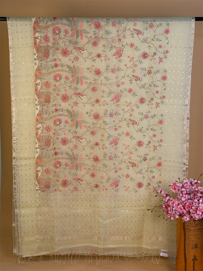 Pure muslin kora with pocket sequencing & fusion embroidery