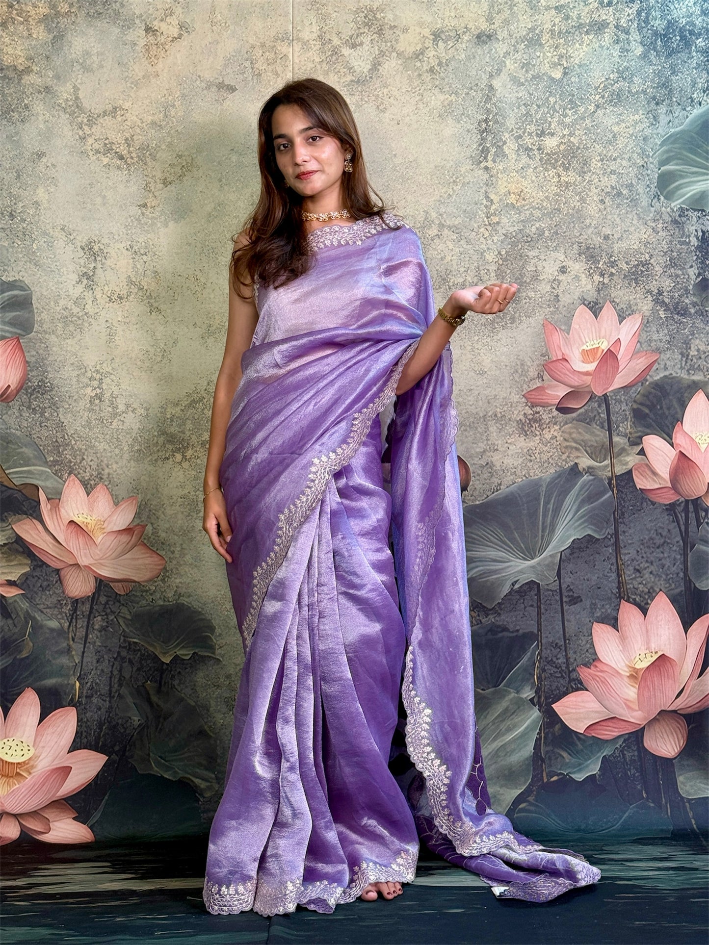 pure tissue silk with pitta work scallop and fusion applique