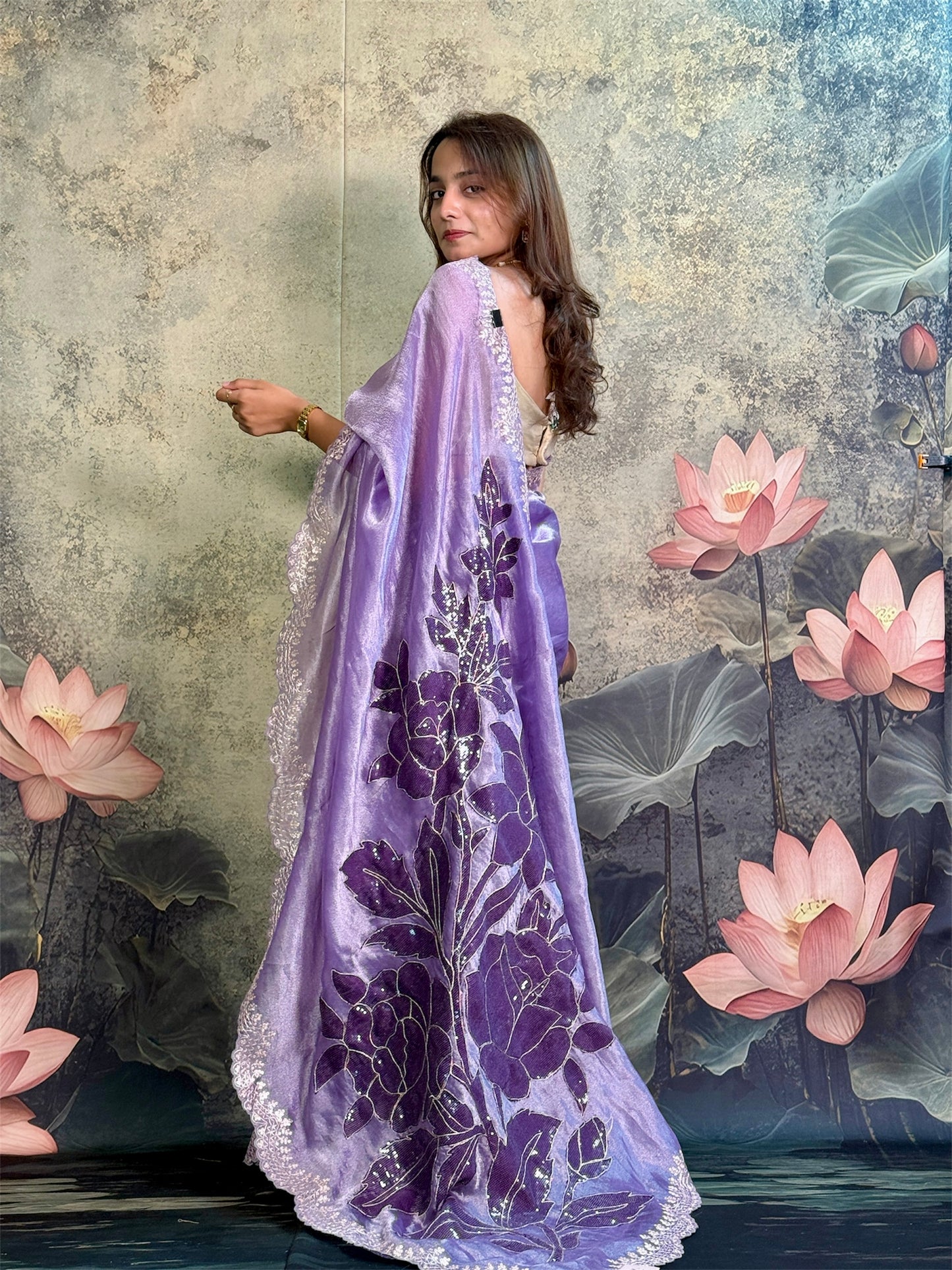pure tissue silk with pitta work scallop and fusion applique
