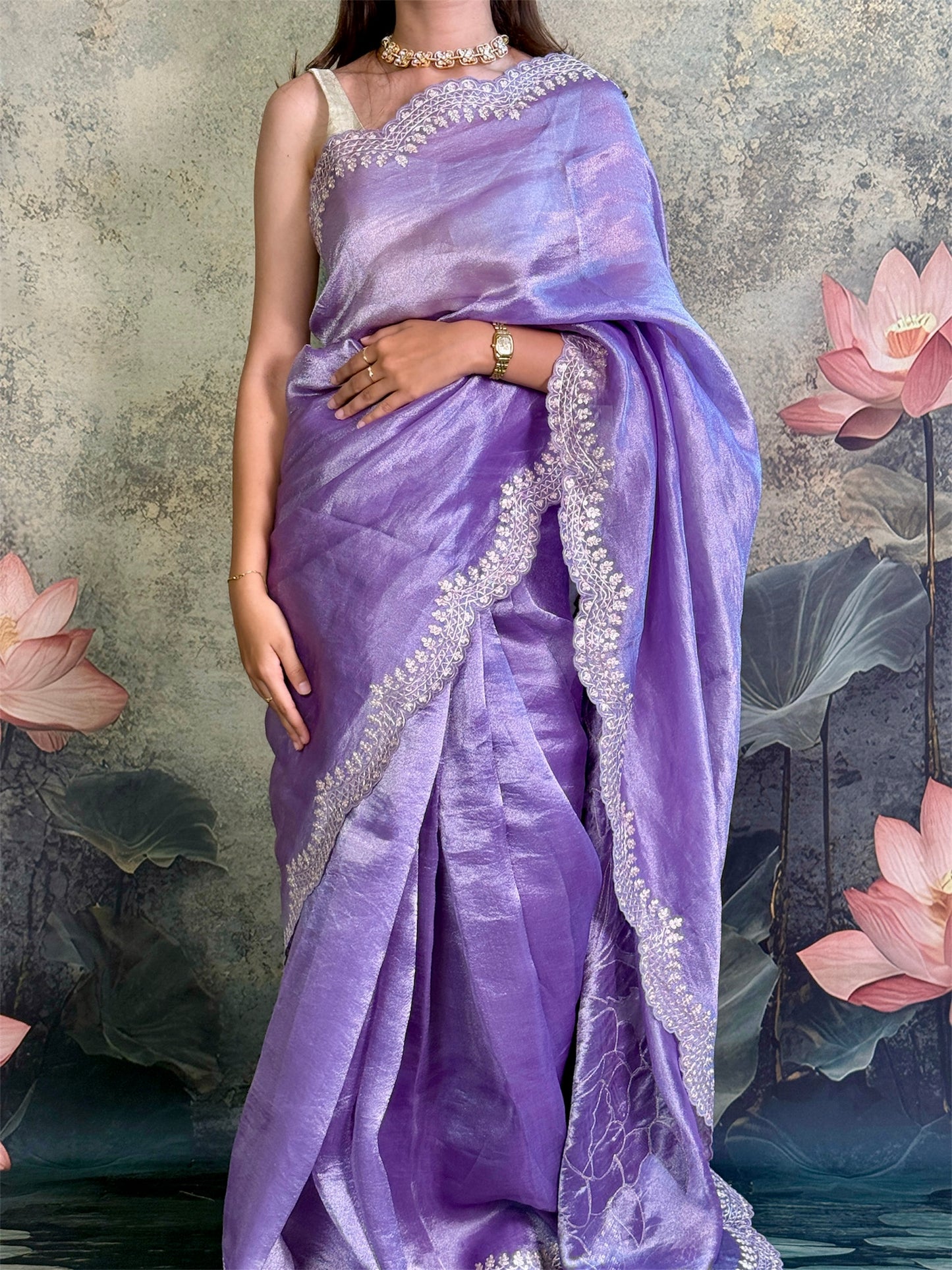 pure tissue silk with pitta work scallop and fusion applique