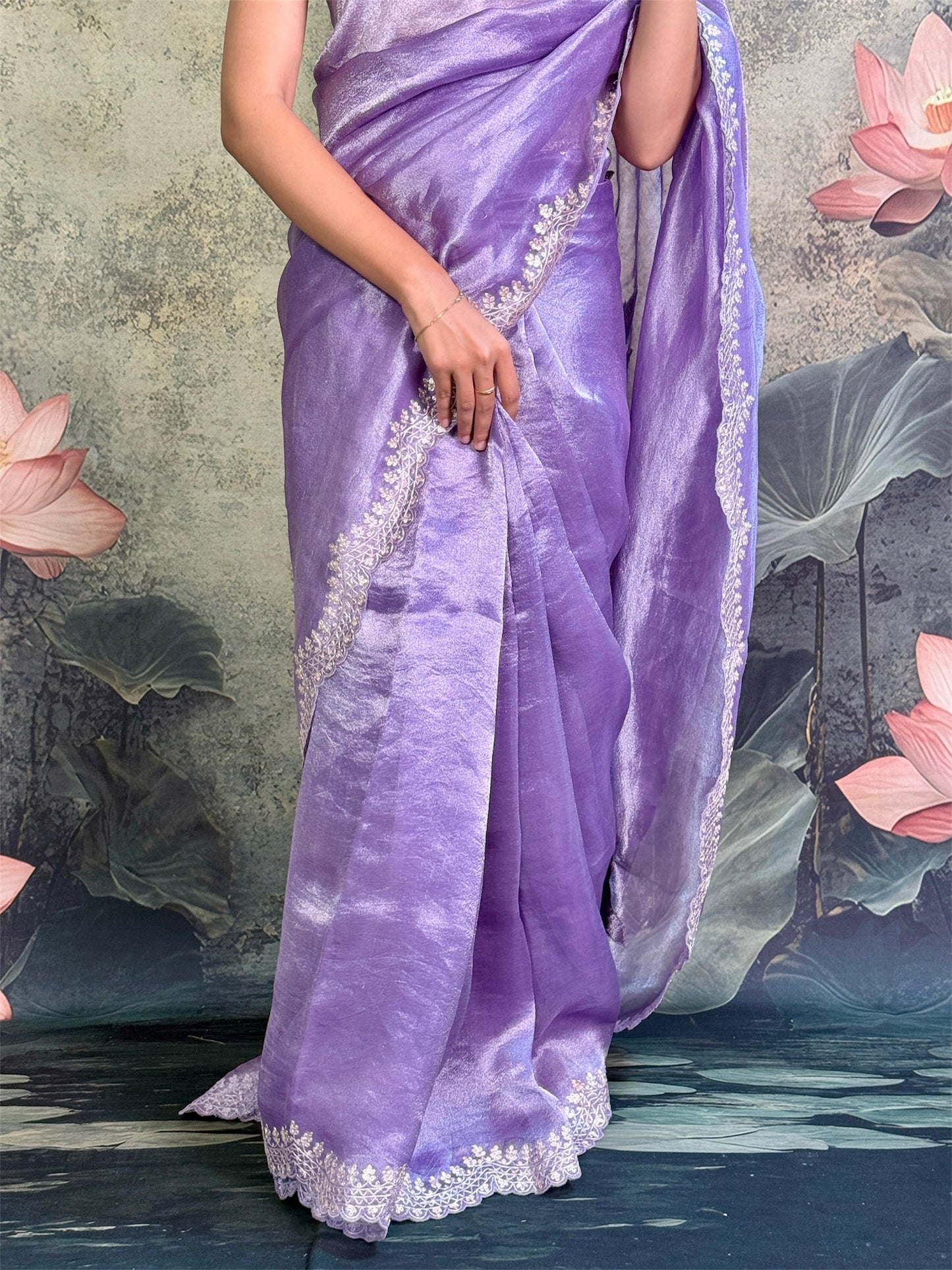 pure tissue silk with pitta work scallop and fusion applique