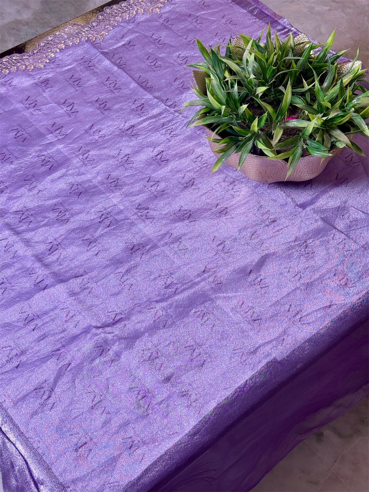 pure tissue silk with pitta work scallop and fusion applique