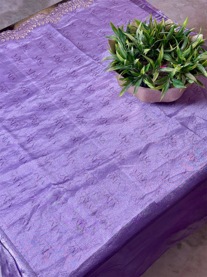 pure tissue silk with pitta work scallop and fusion applique