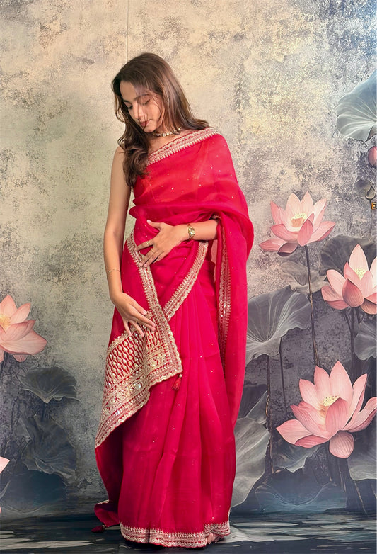 Pure kora silk with sabyasachi lace and mukesh work.