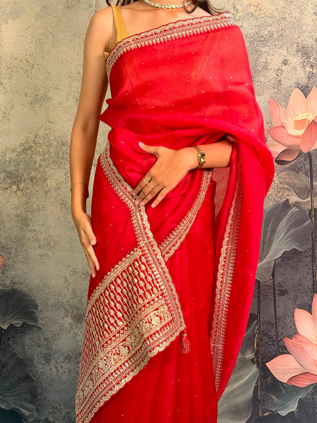 Pure kora silk with sabyasachi lace and mukesh work.
