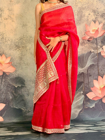 Pure kora silk with sabyasachi lace and mukesh work.