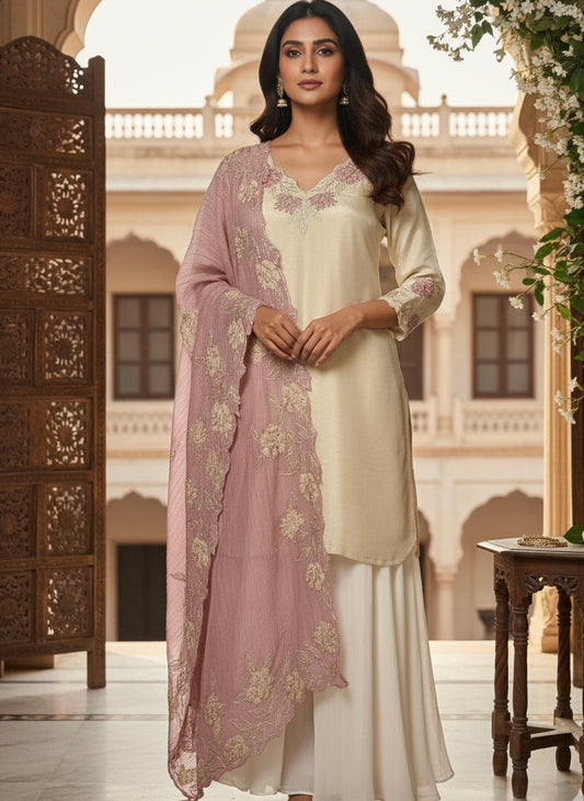 Pure Tissue Chinnon 3-Piece Suit with Applique Work