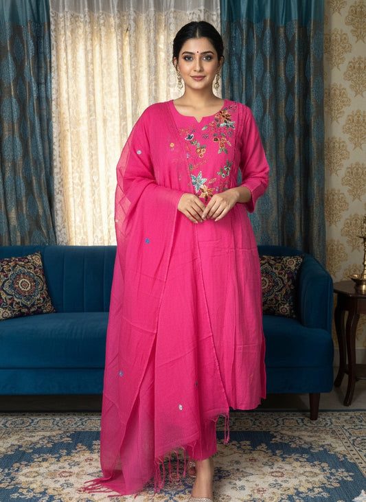 Pure Mul Chanderi 3-Piece Suit with Knot Work