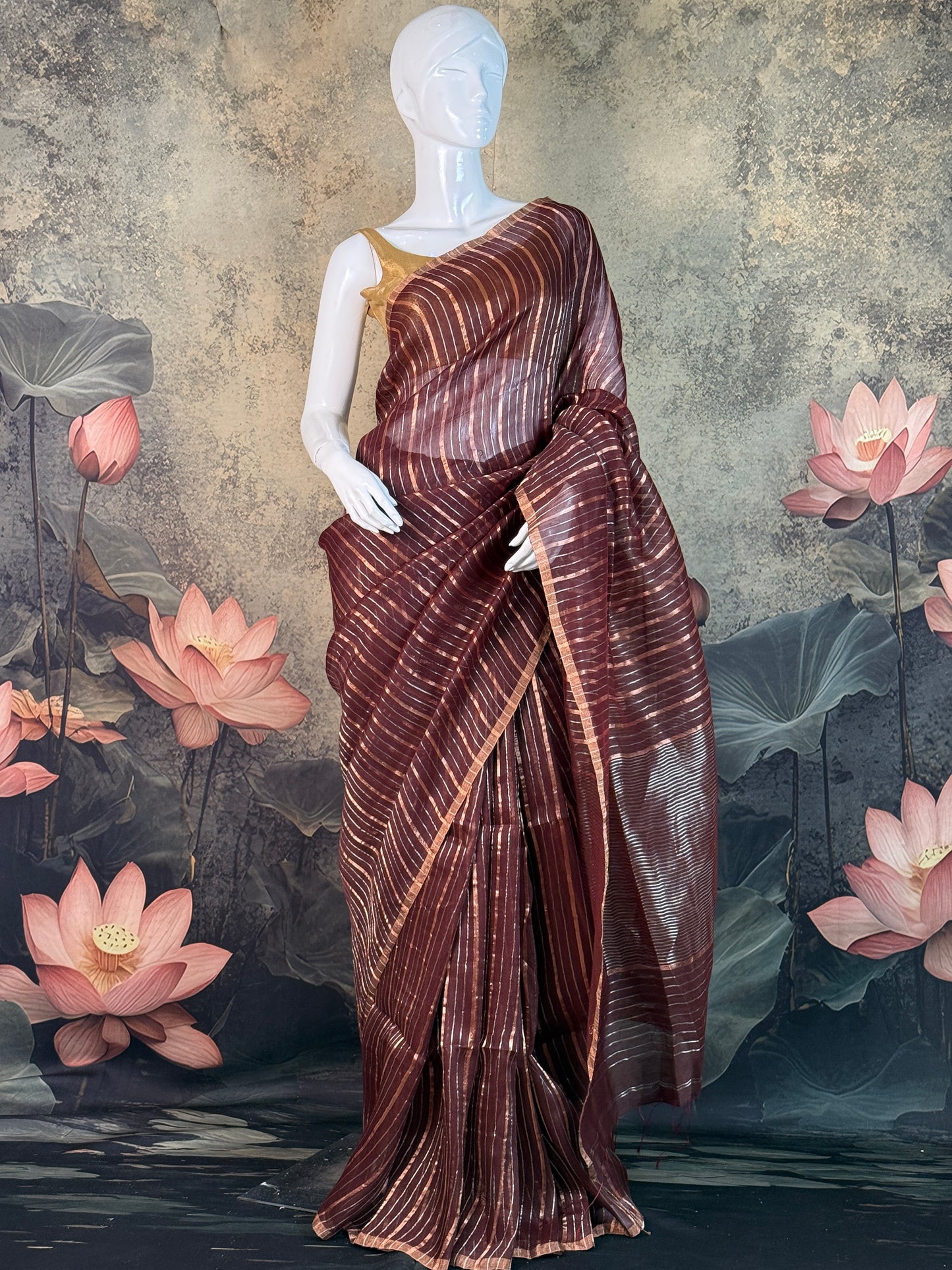 Pure Silk Linen Jamdani Striped Saree – Elegant Brown Handwoven Wear