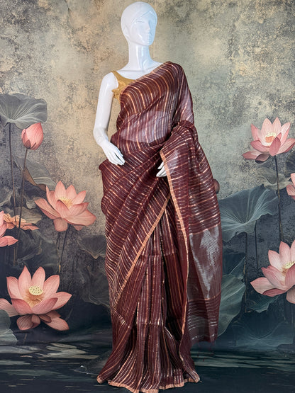 Pure Silk Linen Jamdani Striped Saree – Elegant Brown Handwoven Wear