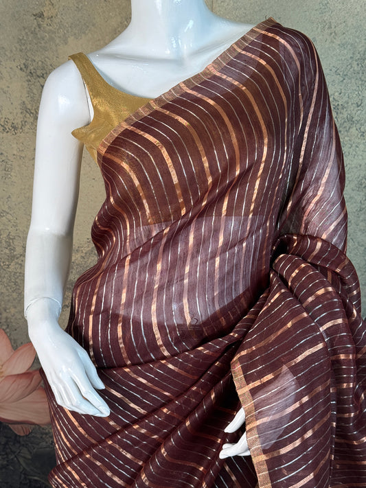 Pure Silk Linen Jamdani Striped Saree – Elegant Brown Handwoven Wear