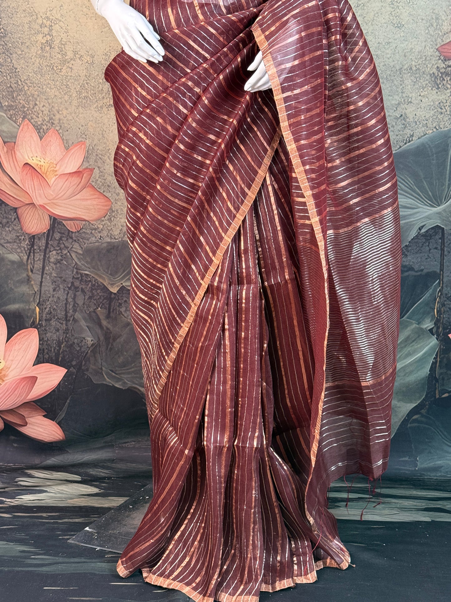 Pure Silk Linen Jamdani Striped Saree – Elegant Brown Handwoven Wear