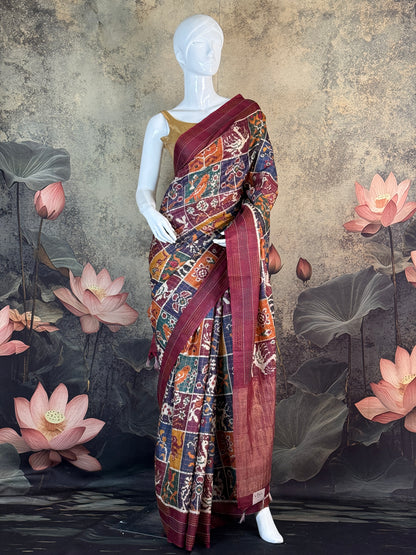 Pure Tussar Silk Saree with Patola Print  – Lightweight Festive Wear