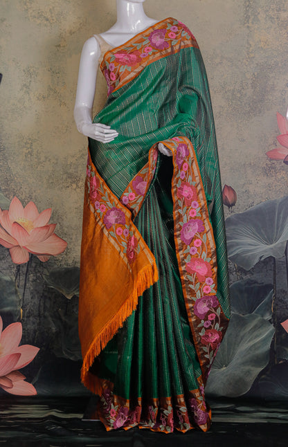 Emerald Green kanchipattu Silk saree with hand embroidered Floral Border