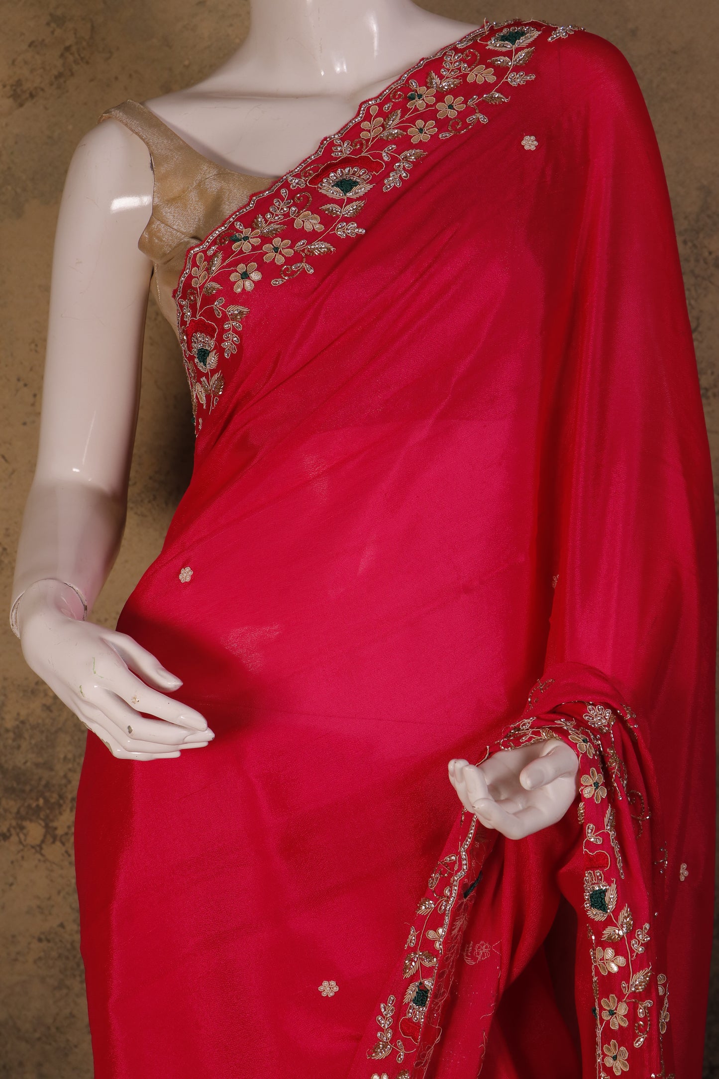 Crimson Pure Georgette Saree with Handwork & Knot Detailing