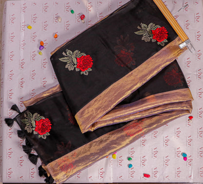Pure Tissue Silk Saree with Kora Border & Petit Point Embroidery & Red Rose Motifs