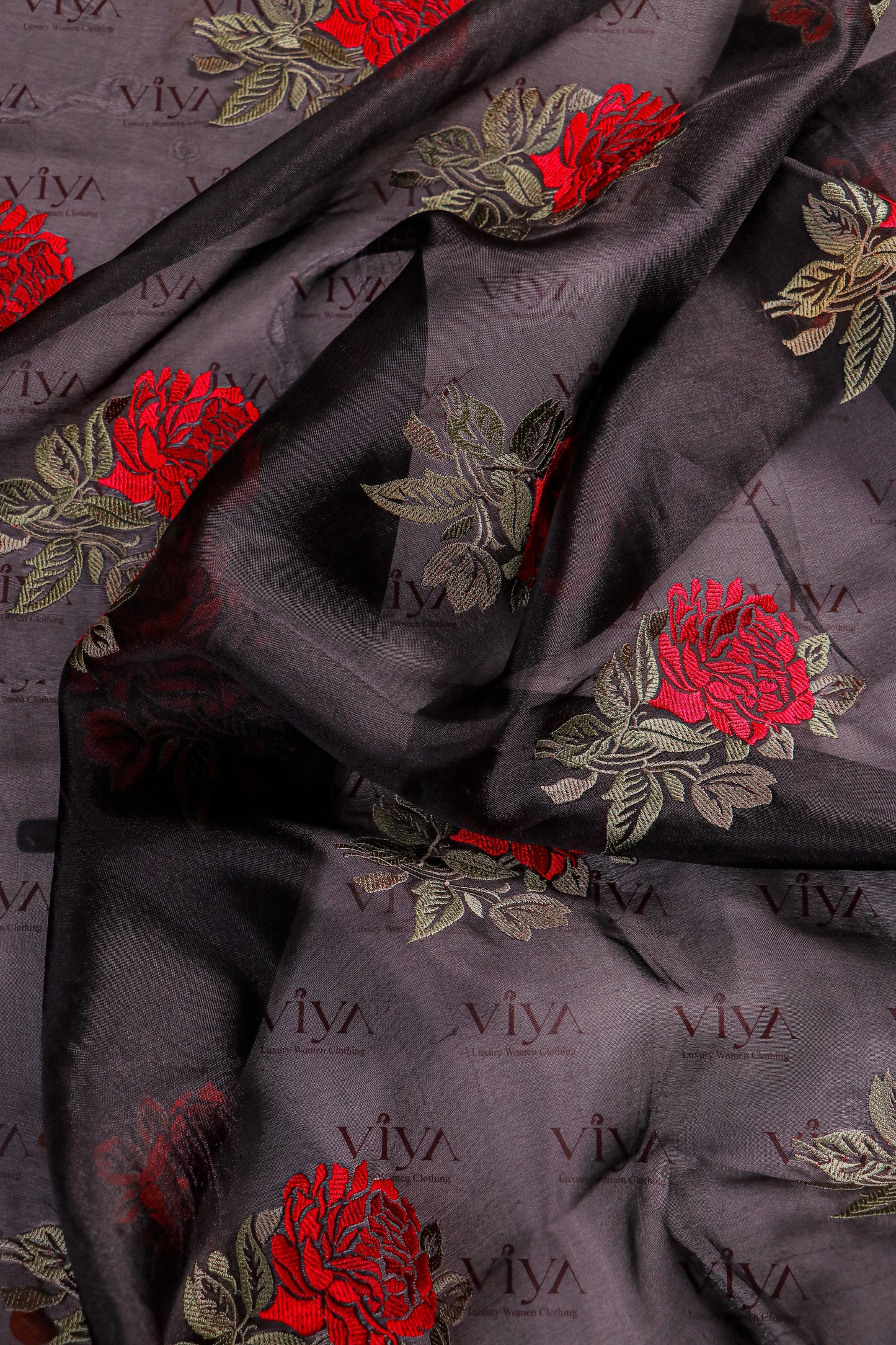 Pure Tissue Silk Saree with Kora Border & Petit Point Embroidery & Red Rose Motifs