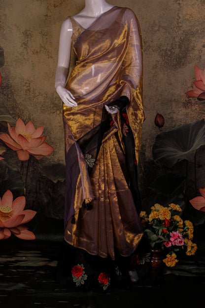 Pure Tissue Silk Saree with Kora Border & Petit Point Embroidery & Red Rose Motifs