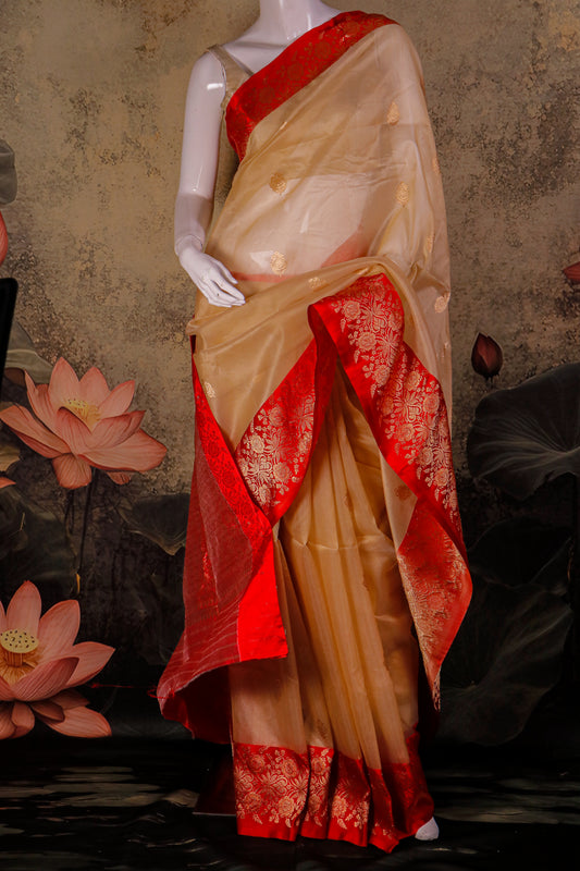 Pure Kora Silk Saree with Rich Katan Border – Handwoven Banarasi Elegance